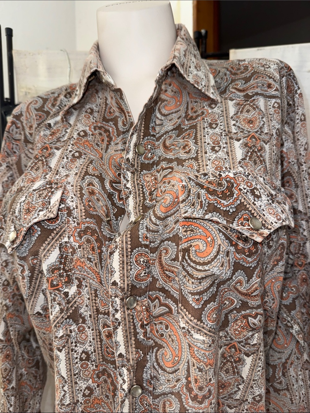 Vintage Wrangler THIN paisley Pearl Snap Western Shirt 17 1/2 Read As IS